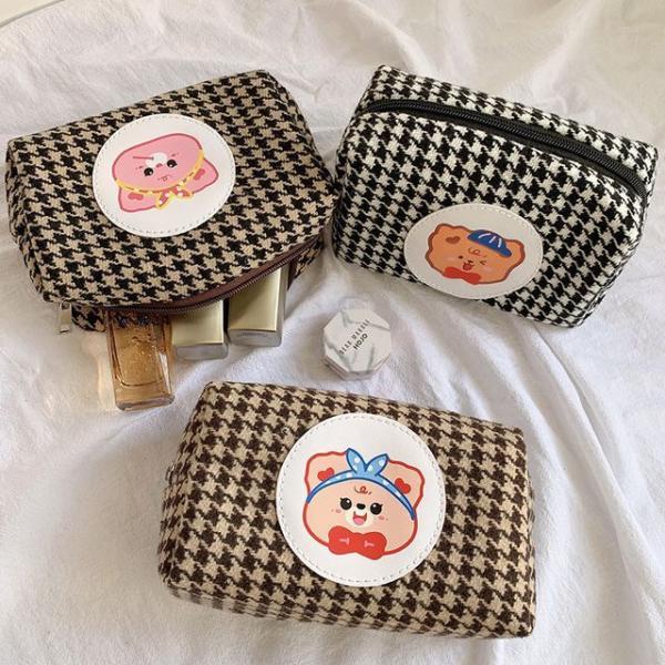 Bear Applique Houndstooth Pencil Pouch / Make-Up Bag  |  Stationery