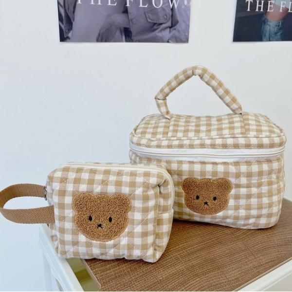 Bear Applique Plaid Makeup Bag / Toiletry Bag  |  Travel Essentials