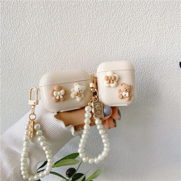 Floral Bear Faux Pearl Chain Airpods / Pro Earphone Case Skin  |  Electronic Accessories