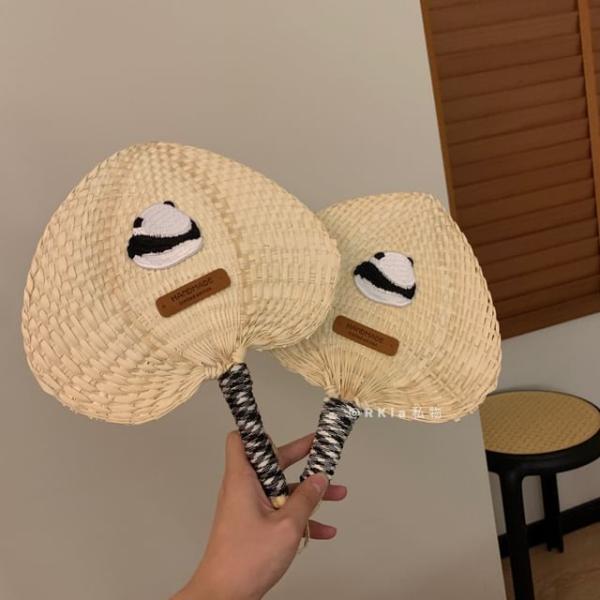 Panda Embroidered Straw Woven Hand Fan  |  Outdoor Essentials