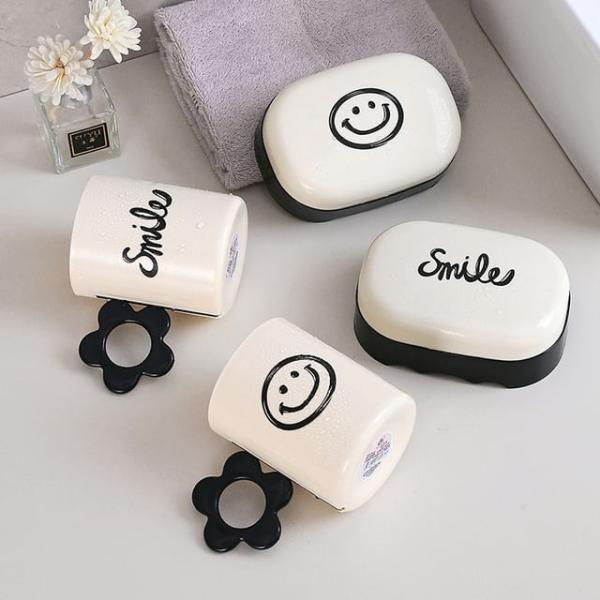 Smiley / Lettering Plastic Toothbrush Cup / Soap Case (Various Designs) / Set  |  Homeware